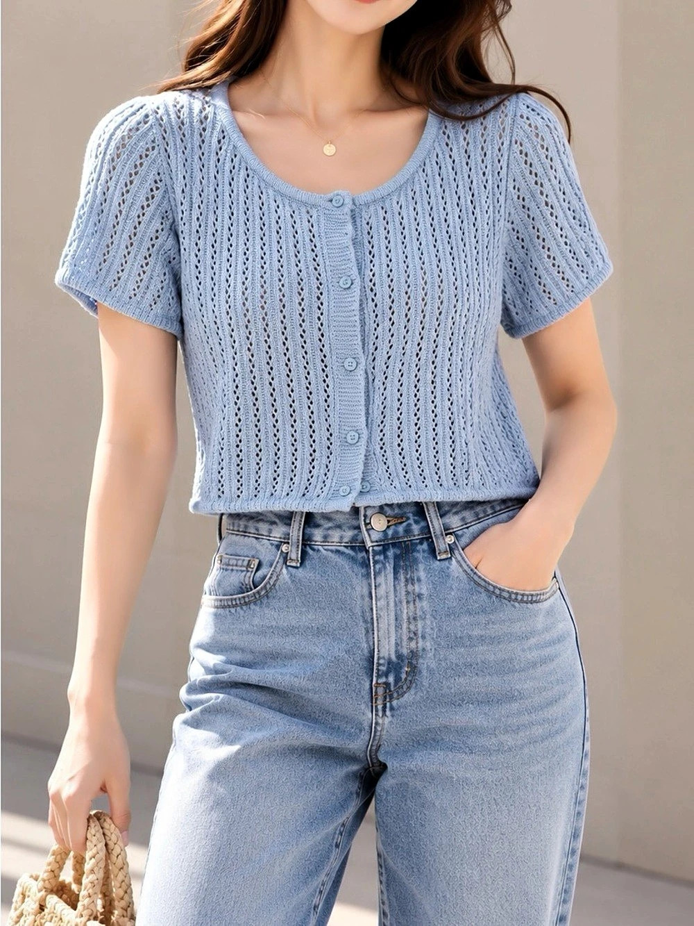 H&M Pointelle-Knit Cardigan Blue Short Sleeve
